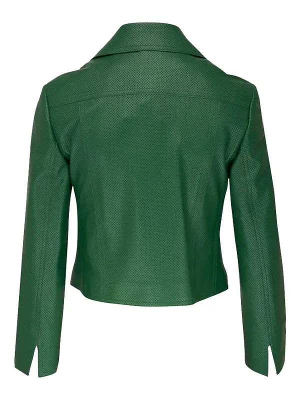 Women Stylish Green Perforated Biker Jacket Back