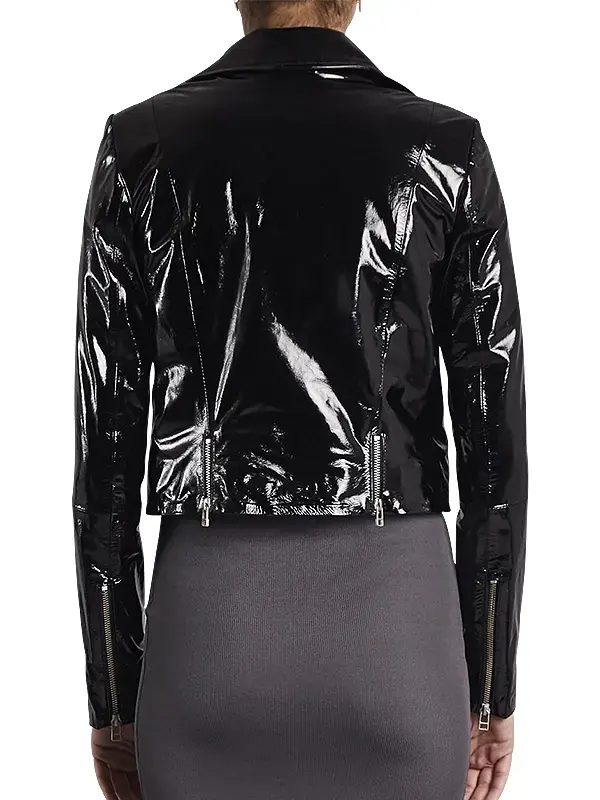 Women Stylish Patent Leather Motorcycle Jacket Back