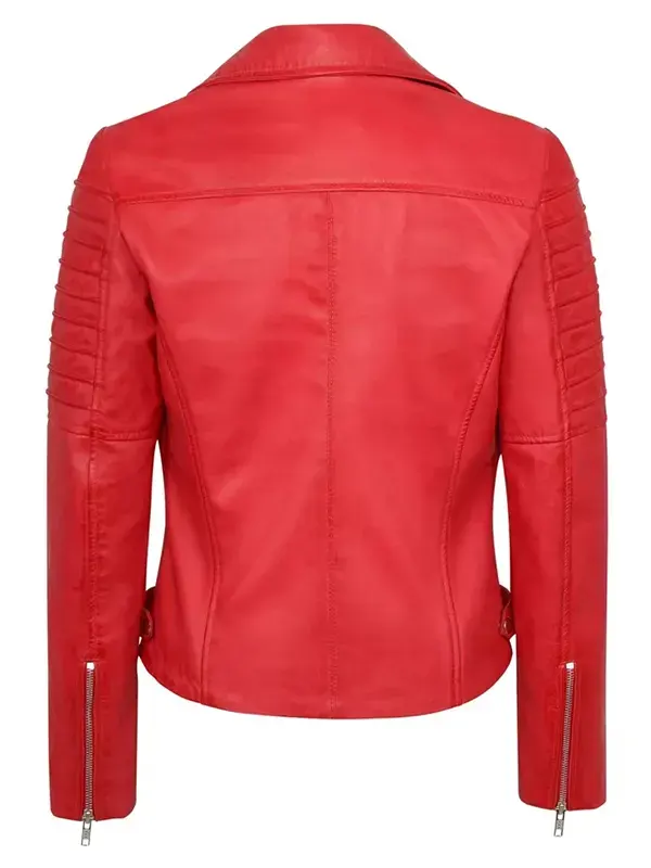 Women Stylish Red Leather Biker Jacket Back