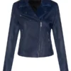 Women Vintage Navy Blue Leather Biker Jacket