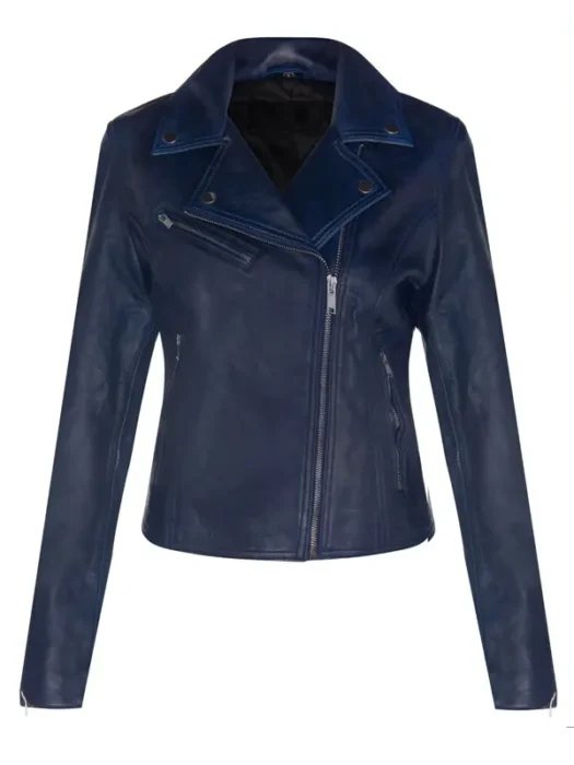 Women Vintage Navy Blue Leather Biker Jacket