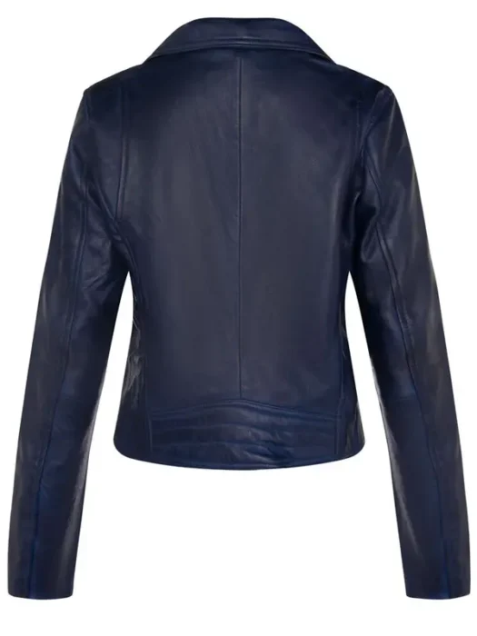 Women Vintage Navy Blue Leather Biker Jacket Back