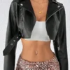 Women Zip Up PU Black Crop Moto Leather Jacket