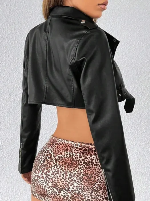 Women Zip Up PU Crop Moto Leather Jacket Back