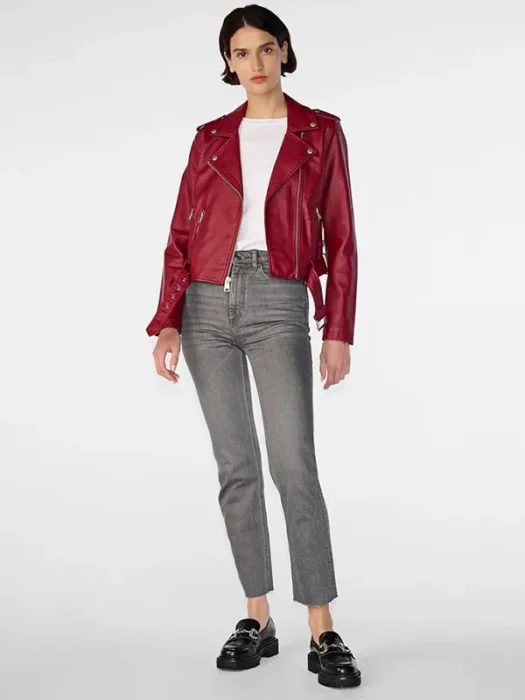 Women's Biker Leather Jacket In Wine Red