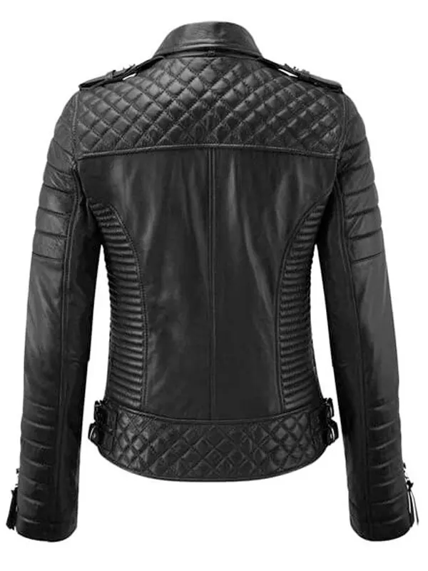 Womens Biker Style Black Quilted Leather Jacket Back