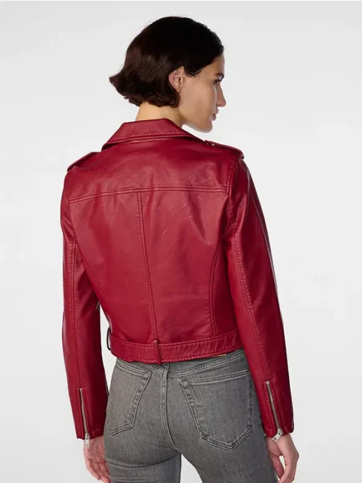 Women's Biker Wine Red Leather Jacket Back