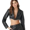 Womens Black Cropped Faux Leather Jacket