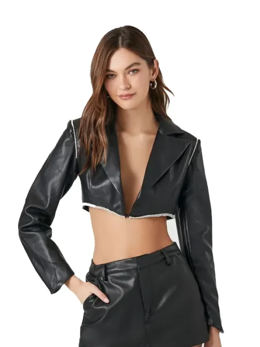 Womens Black Cropped Faux Leather Jacket