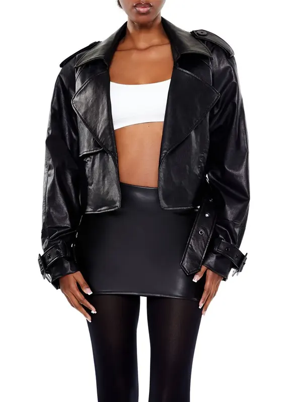 Womens Cropped Faux Leather Jacket
