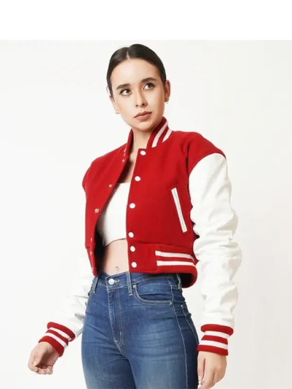 Women’s Cropped Red & White Varsity Jacket