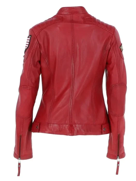 Women's Fashion Leather Biker Style Red Jacket Back