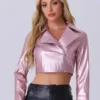 Women's Faux Leather Long Sleeve Zipper Up Light Pink Cropped Jacket