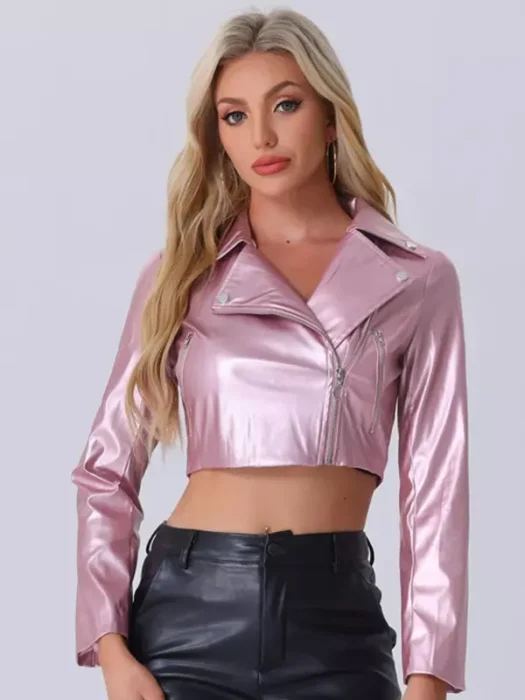 Women's Faux Leather Long Sleeve Zipper Up Light Pink Cropped Jacket