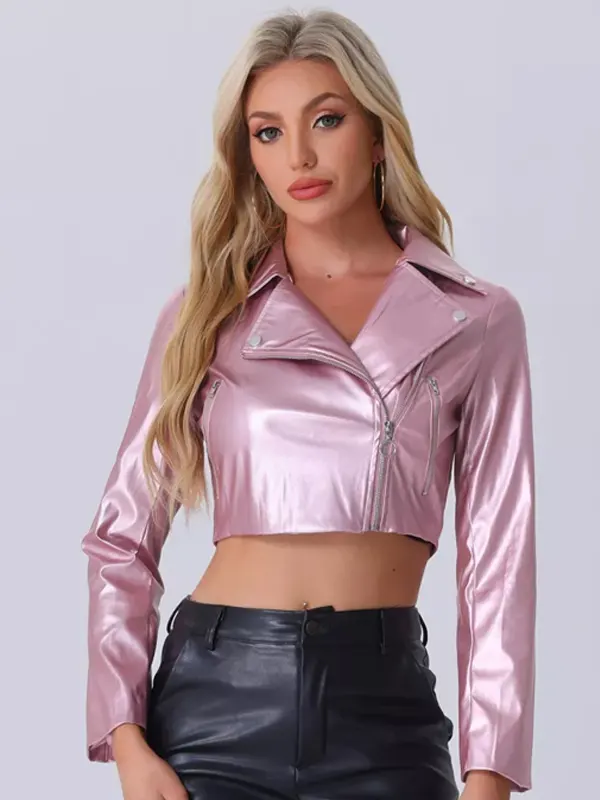 Women’s Faux Leather Long Sleeve Zipper Up Light Pink Cropped Jacket