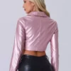 Women's Faux Leather Long Sleeve Zipper Up Moto Light Pink Cropped Jacket Back