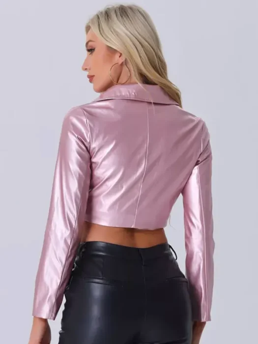 Women's Faux Leather Long Sleeve Zipper Up Moto Light Pink Cropped Jacket Back