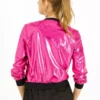 Women's Holographic Fashion Stand Collar Metallic Lightweight Zip Bomber Jacket Back