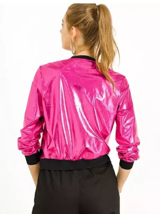 Women's Holographic Fashion Stand Collar Metallic Lightweight Zip Bomber Jacket Back