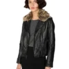 Women's Leather Removable Fur Collar Black Biker Jacket