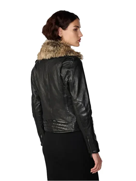 Women's Leather Removable Fur Collar Black Biker Jacket Back