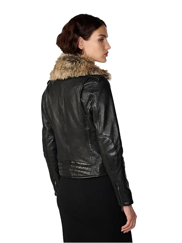 Women’s Leather Removable Fur Collar Black Biker Jacket Back