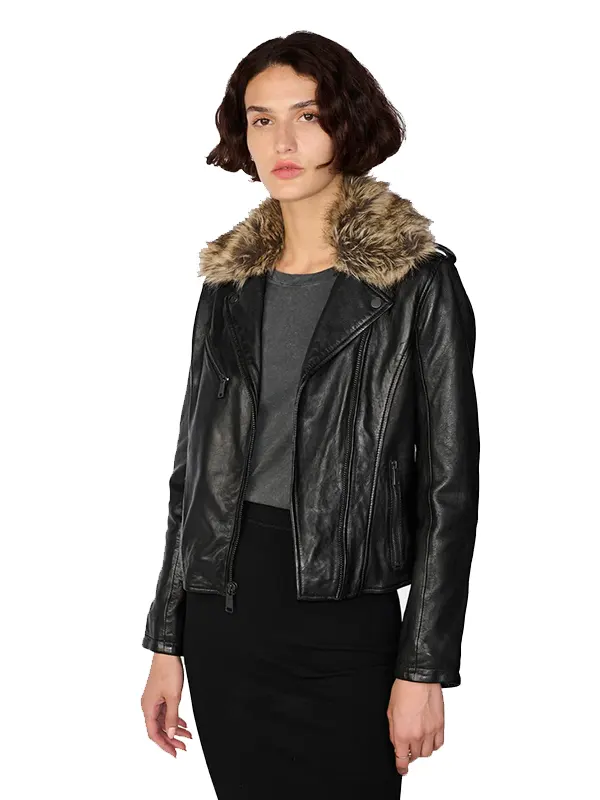 Women’s Leather Removable Fur Collar Black Biker Jacket