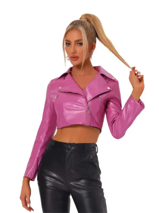 Women's Long Sleeve Zipper Up Moto Cropped Pink Faux Jacket