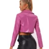 Women's Long Sleeve Zipper Up Moto Cropped Pink Faux Leather Jacket Back