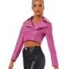 Women's Long Sleeve Zipper Up Moto Cropped Pink Leather Jacket