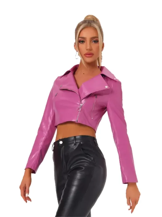 Women's Long Sleeve Zipper Up Moto Cropped Pink Leather Jacket