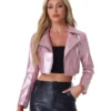 Women's Long Sleeve Zipper Up Moto Light Pink Cropped Faux Leather Jacket