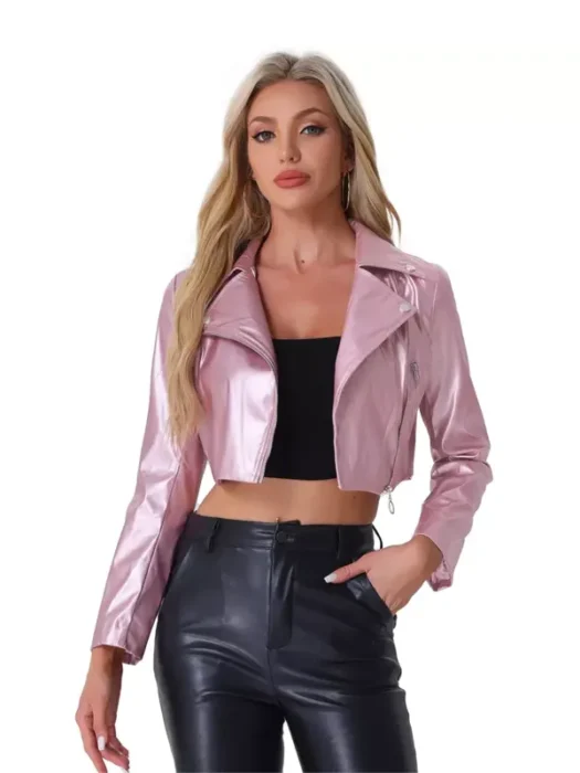 Women's Long Sleeve Zipper Up Moto Light Pink Cropped Faux Leather Jacket