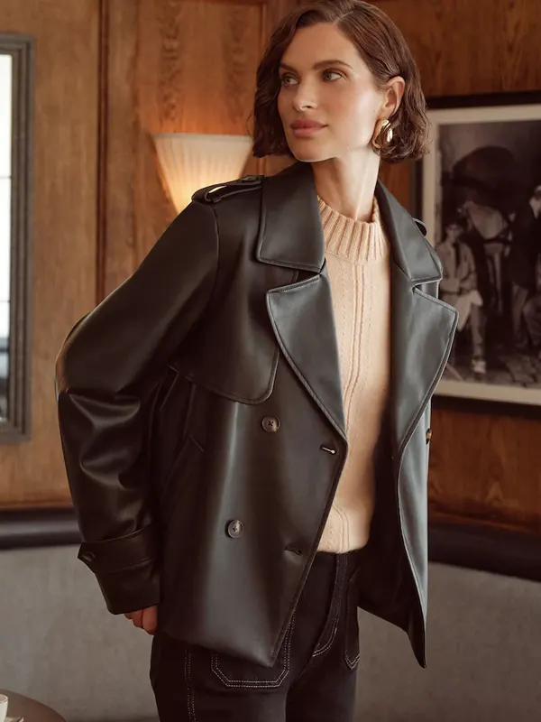 Womens Love & Roses Cropped Trench Black Faux Leather Jacket