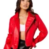 Womens Red Faux Leather Biker Jacket