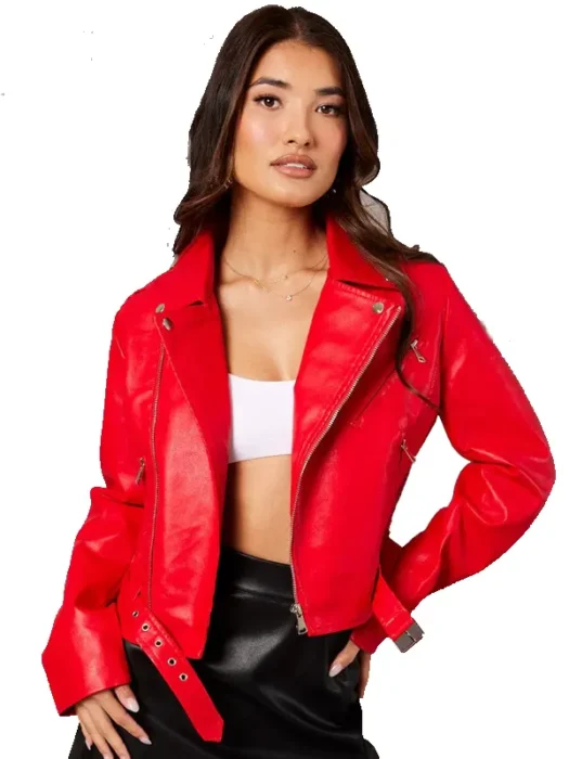 Womens Red Faux Leather Biker Jacket