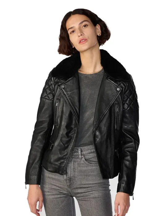 Women's Shearling Leather Black Biker Jacket