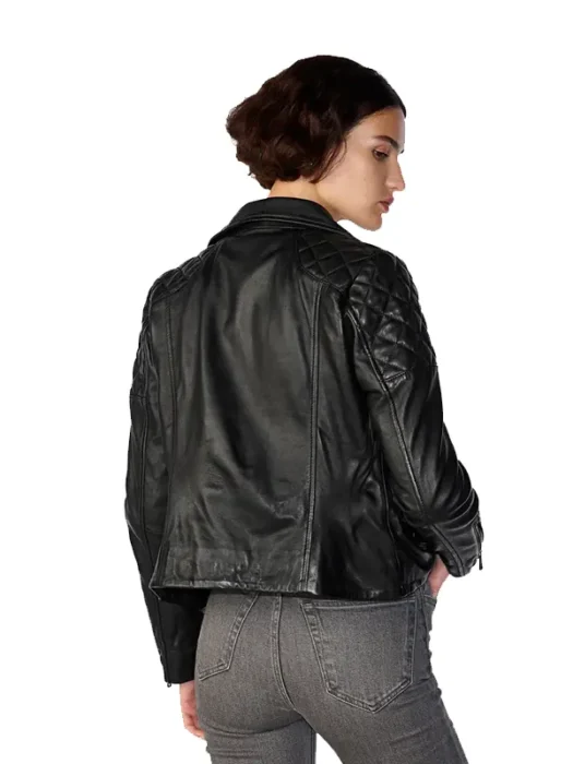 Women's Shearling Leather Black Biker Jacket Back