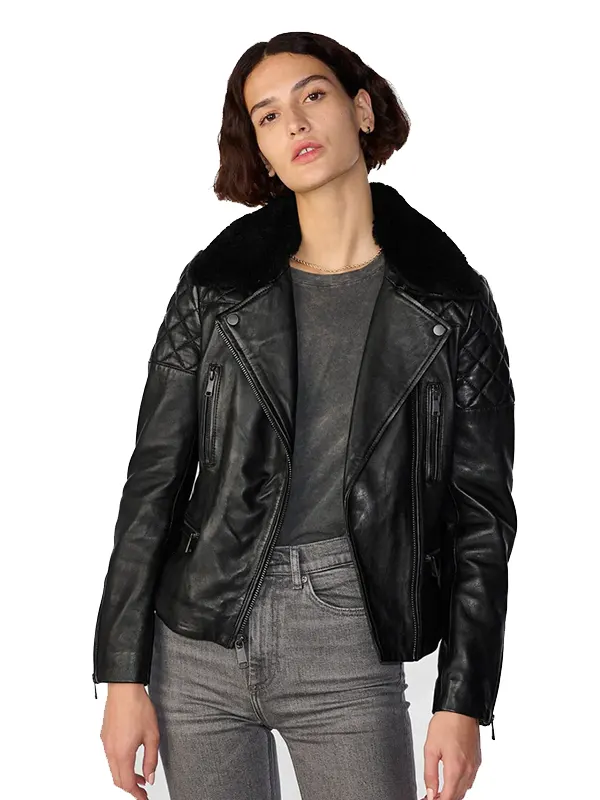 Women’s Shearling Leather Black Biker Jacket