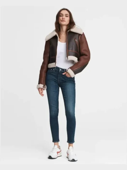 Women's Sheepskin Leather Jacket In Dark Brown With Oversized Collar