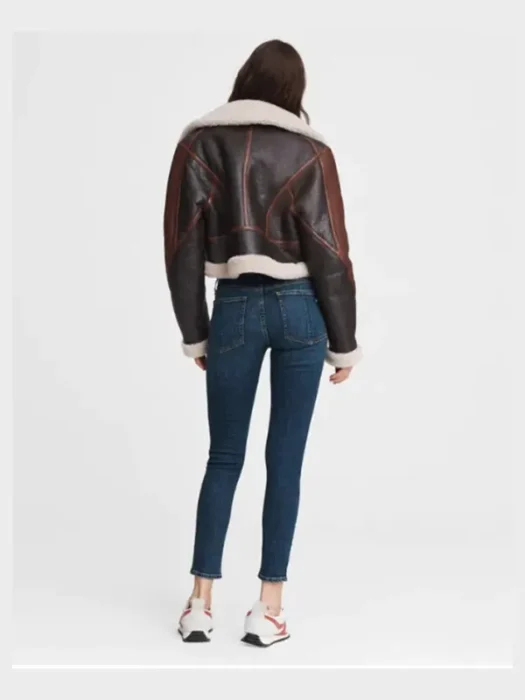 Women's Sheepskin Leather Jacket In Dark Brown With Oversized Collar Back