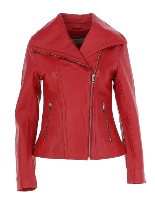 Women's Wide Fashion Collar Side Zip Red Leather Jacket