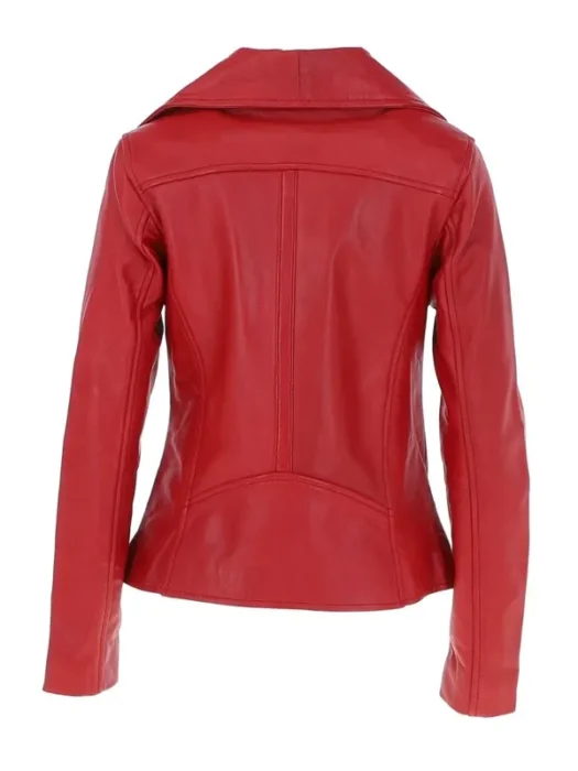 Women's Wide Fashion Collar Side Zip Red Leather Jacket Back