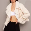 Beige Long Sleeve Aviator Faux Leather Jacket