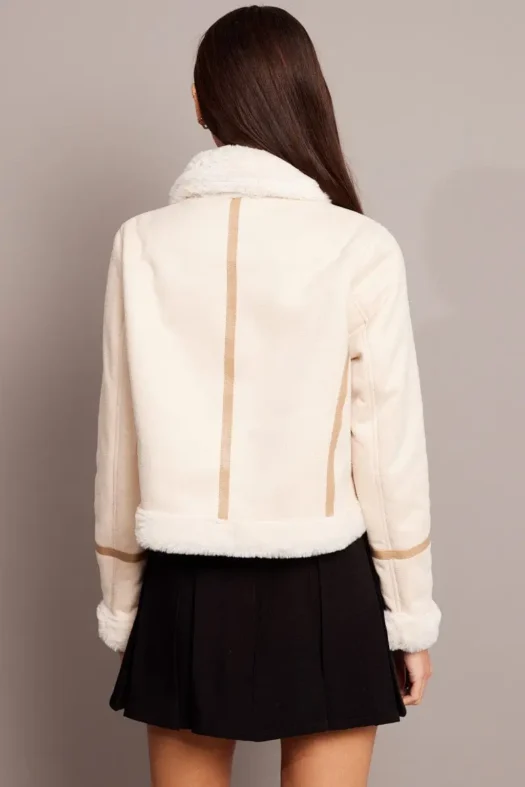 Beige Long Sleeve Aviator Faux Leather Jacket Back