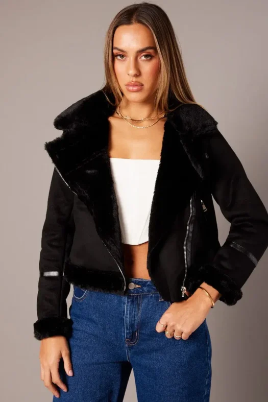 Black Aviator Long Sleeve Faux Leather Jacket