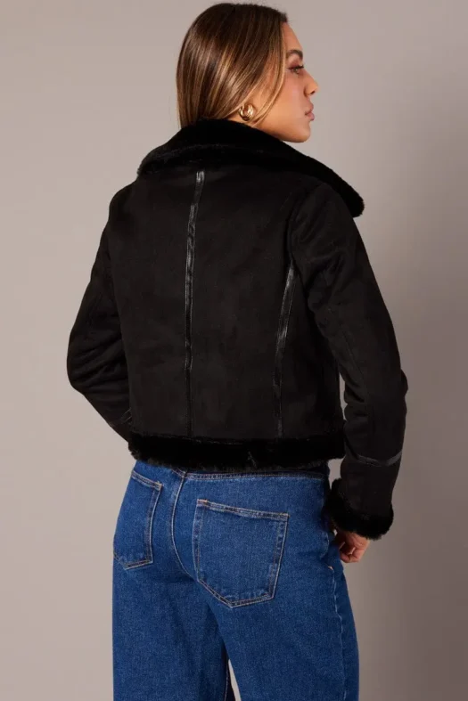 Black Aviator Long Sleeve Faux Leather Jacket Back