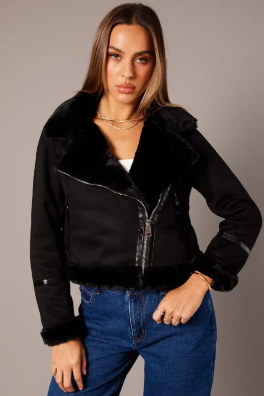 Black Aviator Long Sleeve Leather Jacket