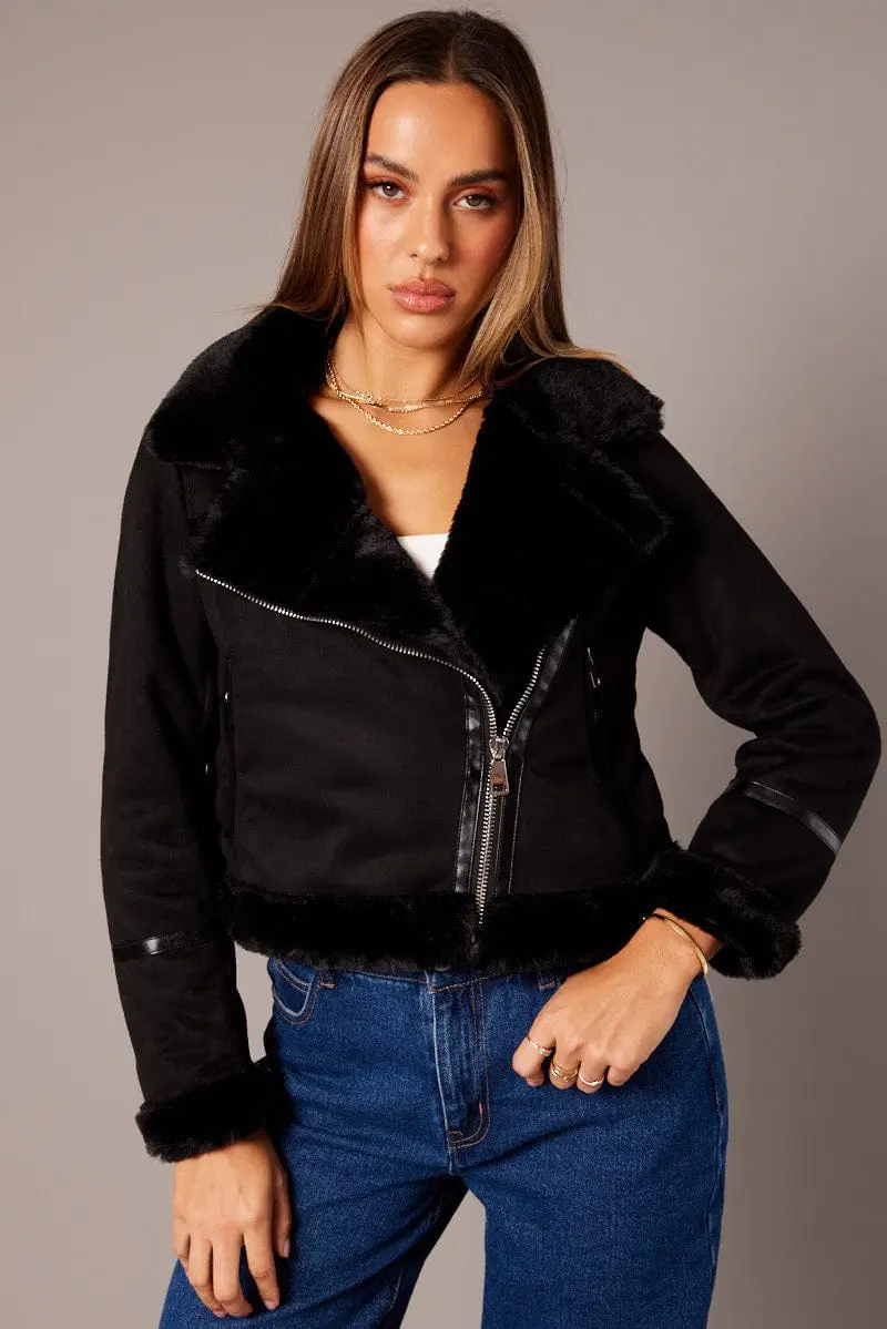 Black Aviator Long Sleeve Leather Jacket