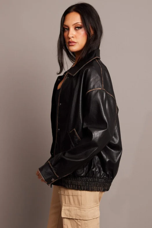 Black Faux Leather Jacket Washed Back